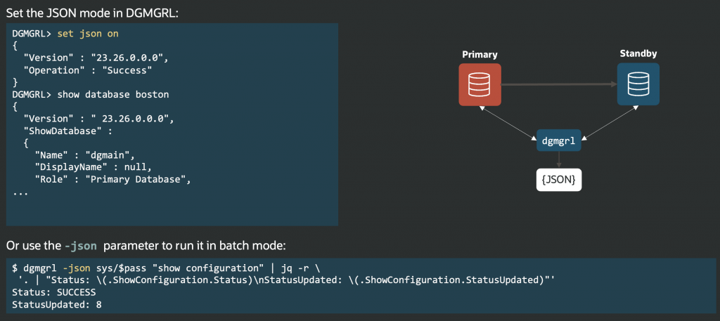 One example shows JSON output for the command SHOW DATABASE. The other shows using jq to parse the output of SHOW CONFIGURATION.