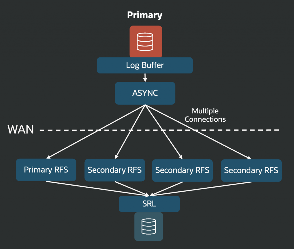 A primary database async process has multiple connections with a matching number of RFS processes receiving the redo on the standby side.