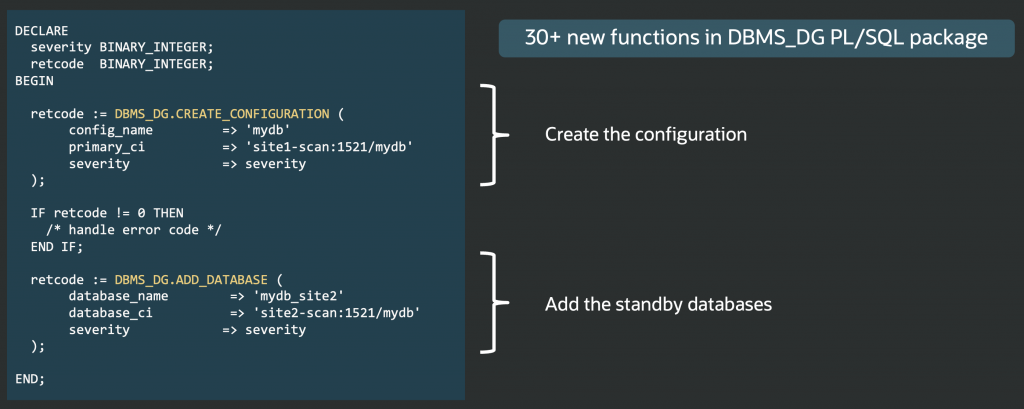 examples of PL/SQL calling DBMS_DG package