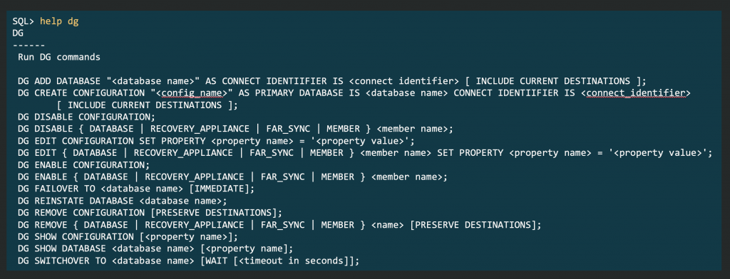The list of DG commands available in SQLcl is shown when running the command "help dg"