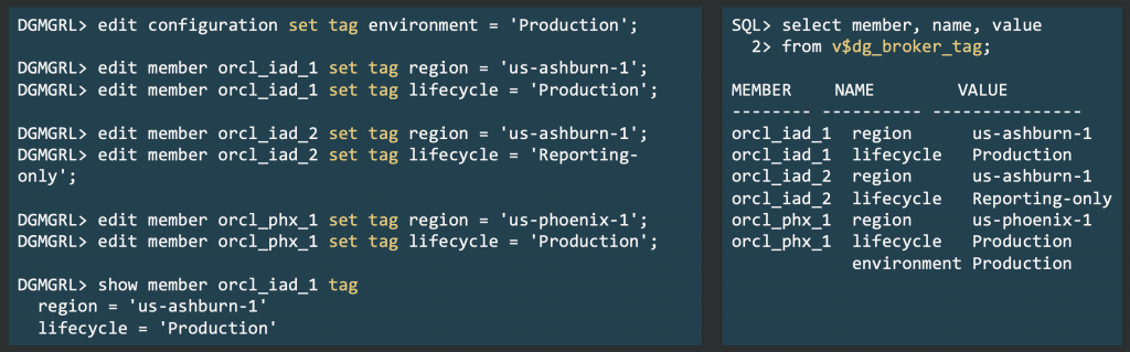 Examples of commands to set and show tags, including querying v$dg_Broker_Tag