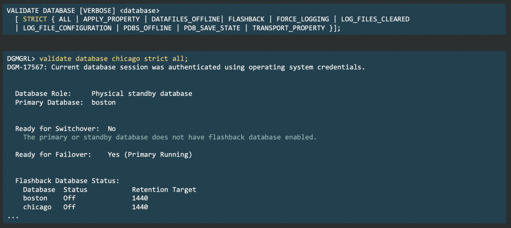 Syntax of the VALIDATE DATABASE command, along with an example showing that flashback isn't enabled.