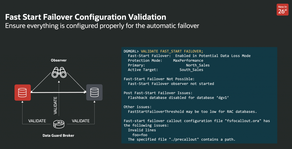The execution of the VALIDATE FAST_START FAILOVER command reports some example errors.